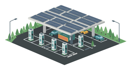 Modern electric vehicle charging station with solar panels in isometric design