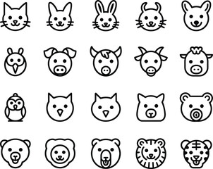 Fototapeta premium Collection of Cute Animal Face Icons in Minimalist Line Art Style for Graphic Design Projects and Creative Illustrations