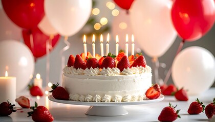 Celebration Cake with Strawberries and Candles on a Stand
