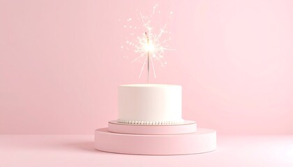 Celebration Cake with Sparkler on Pink Background