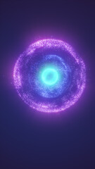 Glowing purple and cyan spherical formation with intricate textures, resembling a digital core or energy nucleus in a cosmic space