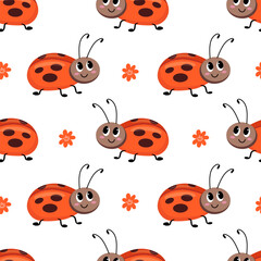 Cute ladybugs on a white background. Seamless pattern vector illustration for printing on fabric, wrapping paper, wallpaper.