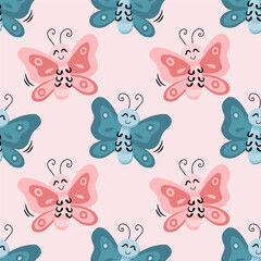 Fototapeta premium Cute butterfly on a pink background. Seamless pattern vector illustration for printing on fabric, wrapping paper, wallpaper.