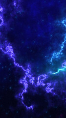 Electric purple lightning bolts streaking across a dark blue starry sky in a cosmic abstract style