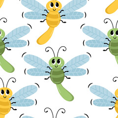 Cute dragonfly on a white background. Seamless pattern vector illustration for printing on fabric, wrapping paper, wallpaper.