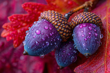 Vibrant purple acorns with red autumn foliage background