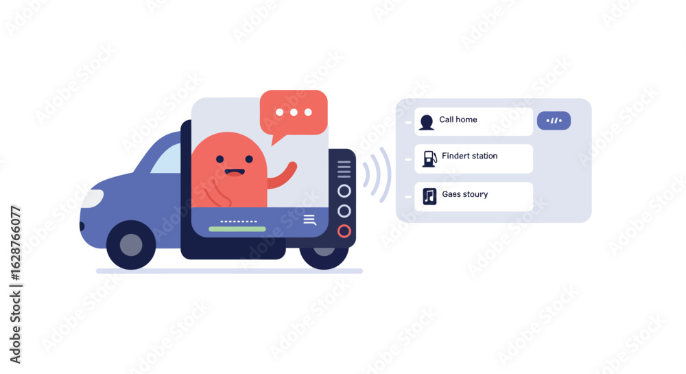 Poster modern communication technology displayed on interactive in-car screen with digital assistant icon
