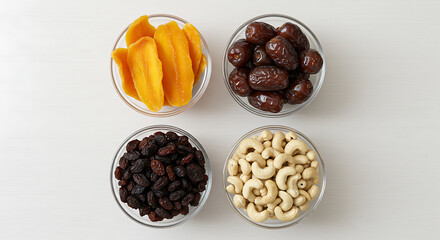 Obraz premium Dried mango, dates, raisins, and cashews in bowls isolated on white background