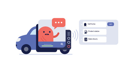 Modern communication technology displayed on interactive in-car screen with digital assistant icon