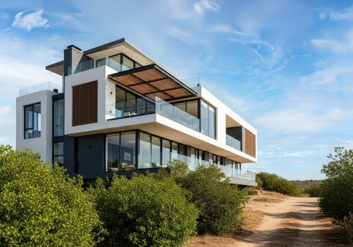 Stunning modern residence with multilevel balconies, large glass panels, and warm wooden elements, situated amidst lush greenery under a clear blue sky