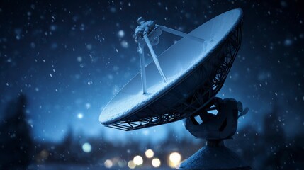 Satellite Dish Covered in Snow Under a Dark Winter Sky with Falling Snowflakes at Night in a Serene Landscape