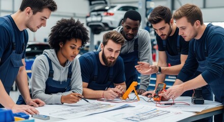 Group discussion among apprentices analyzing electrical schematics for car repair.