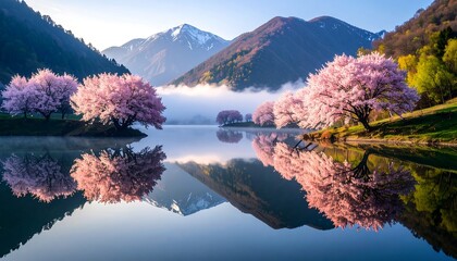 Cherry Blossom Trees Reflecting in Calm Lake with Mountain Backdrop