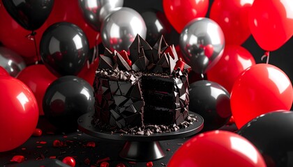 Chocolate Cake Displayed with Red, Silver, and Black Balloons