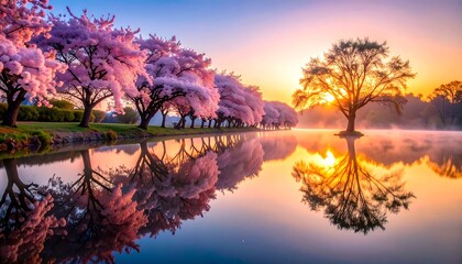 Cherry Blossom Trees Reflected on Lake at Sunrise Calm Spring Landscape
