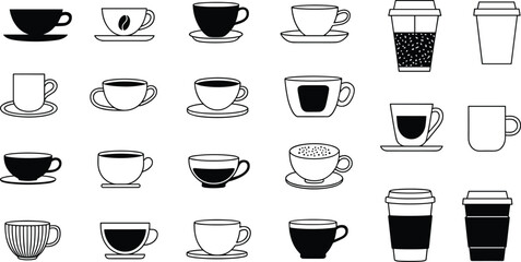 Coffee cup illustrations, mug designs, takeaway cups, foam art, coffee beans, CAD drawing, flat vector illustration, cafe, drinkware, beverage