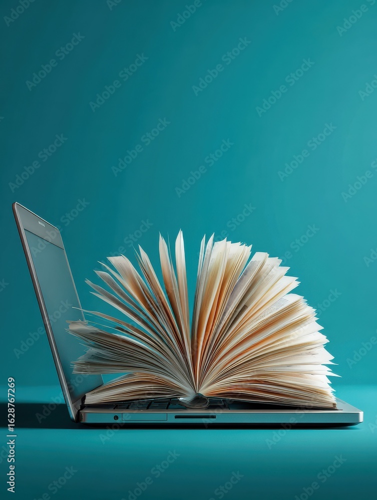 Poster an open book placed on a laptop with pages fanned out against a teal background symbolizes digital l