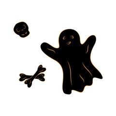 Minimalistic Halloween set with black silhouette and orange lines with ghost, skull and crossbones