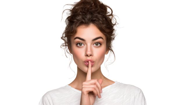 Beautiful woman making a shush gesture on a plain white background, cut-out, transparent PNG