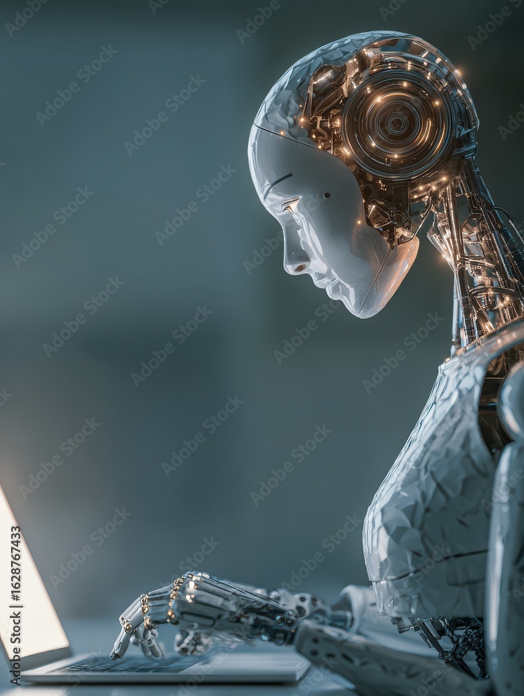 Poster person uses laptop ai concept prompt engineering work support virtual assistant modern digital tech 