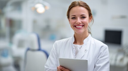 people medicine stomatology and healthcare concept happy young female dentist with tablet pc computer at dental clinic office no logos no brands ar 169