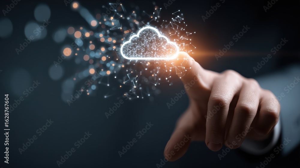 Aufkleber data exchange and cloud service concept with man finger on digital touch screen with glowing virtual