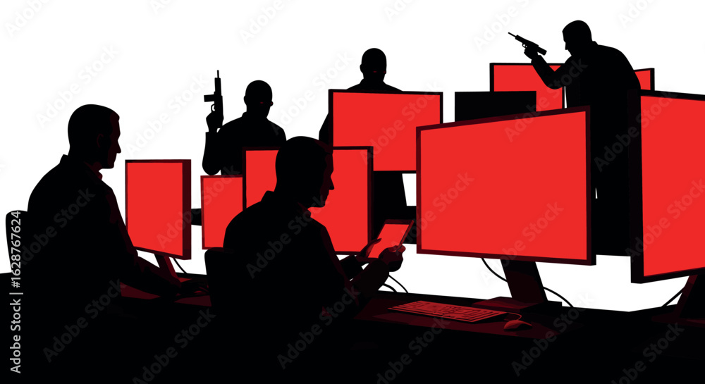 Poster silhouette of hackers in cybersecurity ops with red screens