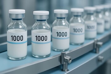 Pharmaceutical vials with liquid on conveyor belt in laboratory