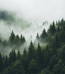 The aerial view of a fir forest at dawn showcases a misty and foggy natural setting with warm sunlight, forming a dreamy background