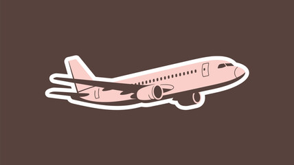 A stylized illustration of a passenger airplane taking off against a dark brown background.