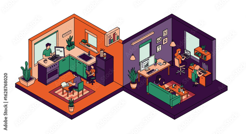 Poster isometric home office setup with remote work and study spaces
