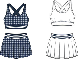 Tennis outfit CAD flat sketch, vector fashion illustration, front and back views, pleated skirt and sports bra, activewear garment design