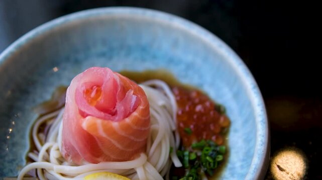 Japanese traditional variety food, sushi, nigiri, set food sashimi cut scenes video. High quality 4k footage