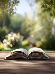 an open book rests on a wooden table surrounded by a serene blurred outdoor background filled with greenery and soft sunlight