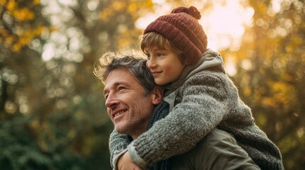 father giving son ride on back in park portrait of happy father giving son piggyback ride on his shoulders and looking up cute boy with dad playing outdoor no logos no brands ar 169