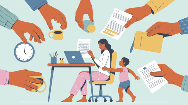 A person juggles work and family responsibilities while surrounded by many demanding hands.