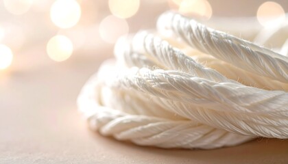Coiled White Rope Close Up with Soft Bokeh Lights Background