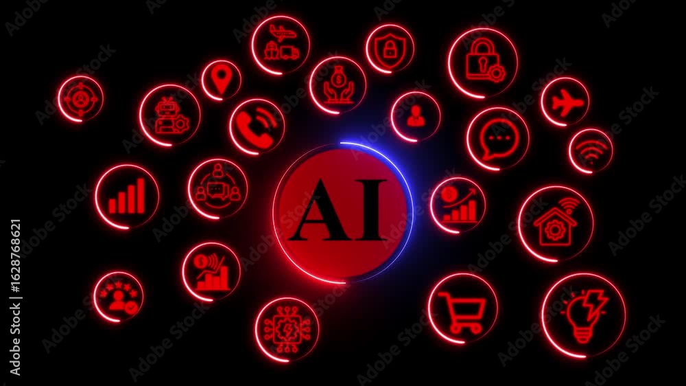 Poster artificial intelligence technology background,glowing neon ai and tech icons animation,digital trans