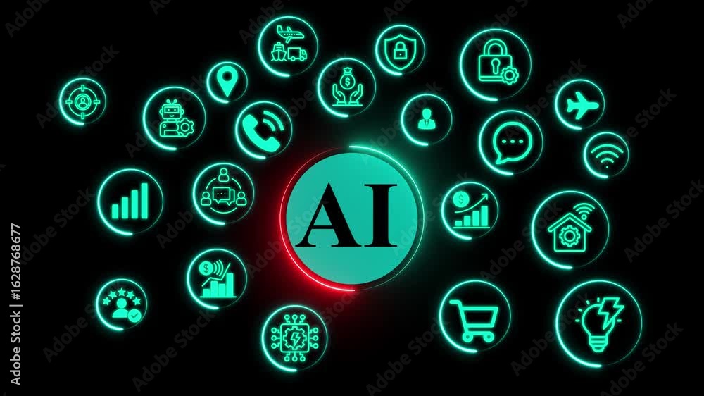 Poster artificial intelligence technology background,glowing neon ai and tech icons animation,digital trans