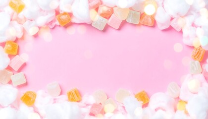 Colorful Candy Arrangement on Pink Background with Bokeh Lights