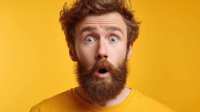 stupefied attractive young bearded man looks with astonishment into camera being amazed with negative news emotional hipster guy expresses surprisment doesnt believe his eyes facial expression no log