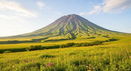 A scenic view of a large green mountain under a blue sky with some white clouds above