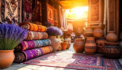 Colorful Carpet Display with Pottery and Lavender in Sunny Market