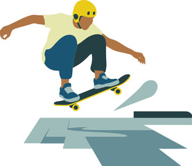 Fototapeta premium Young man in yellow helmet performing a skateboard trick at a skatepark
