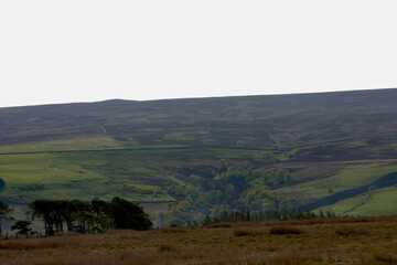 Expansive view of rolling moorland and green valleys under an overcast sky in the British...