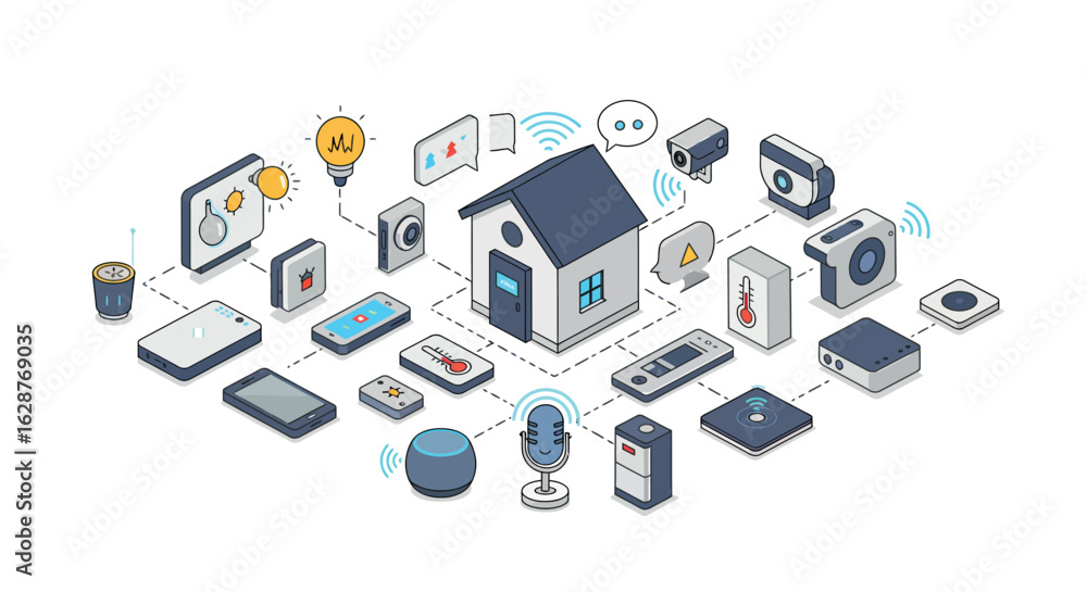 Poster Isometric smart home technology with connected devices and automation