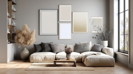 artists living room in minimal style with artworks  no logos no brands ar 169