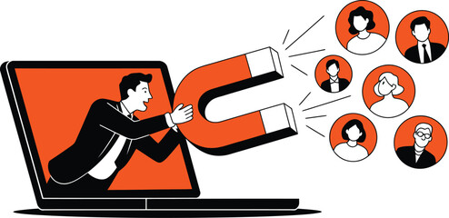 A businessman uses a magnet to attract customers through a laptop screen.