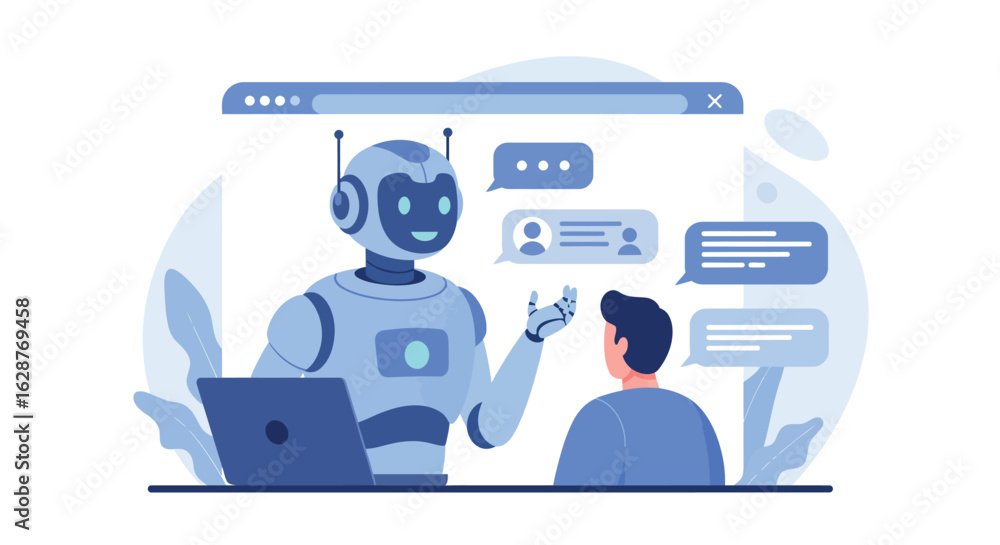 Poster ai chatbot assisting user online with friendly conversation in modern flat style