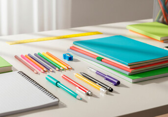 Fototapeta premium Colorful Stationery Set with Notebooks, Pens, and Pencils on Desk - Vibrant School Supplies Photo